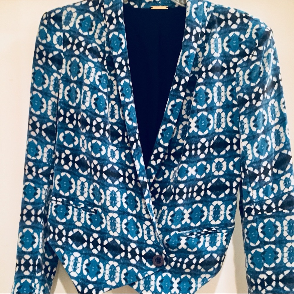Rebecca Minkoff blue ikat print silk Becky blazer